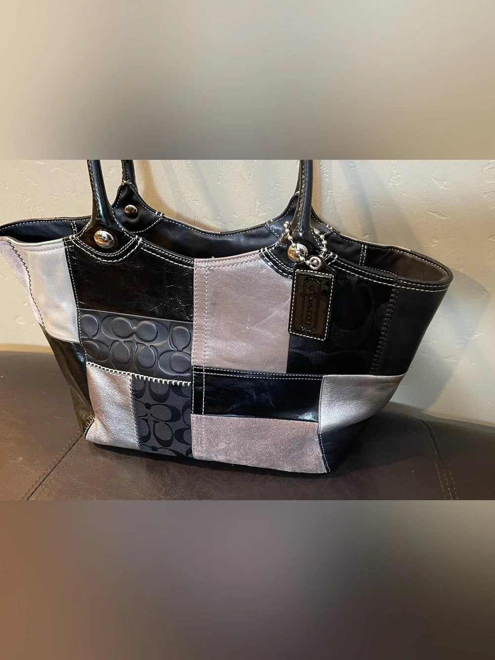 Coach signature Patchwork Tote Black Silver gray Leather tote bag y2k Bleecker